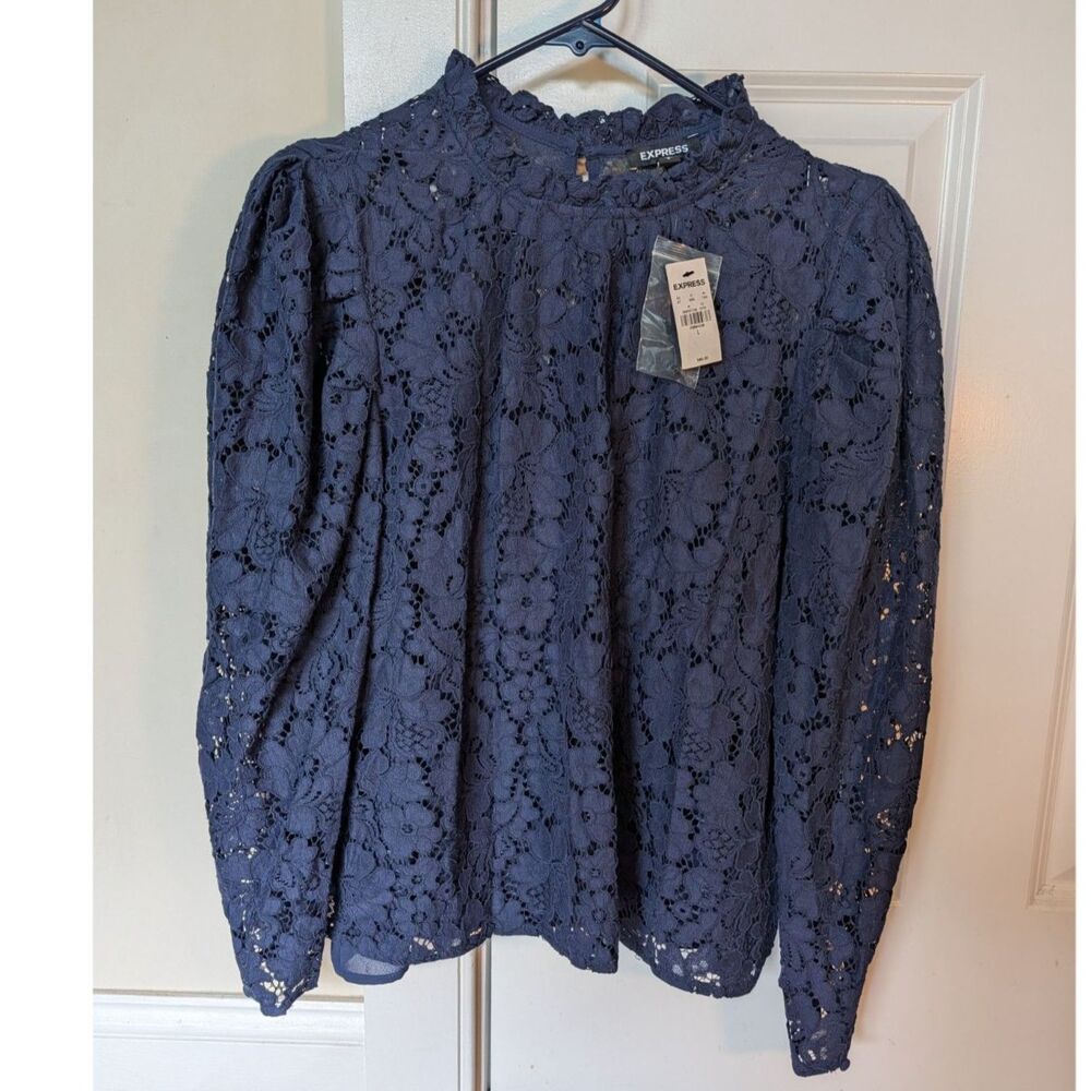 Express Navy Blue Lace Top L Romantic Victorian Cottagecore Dark Academia